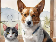 Jigsaw Puzzle: Pictură în ulei Câine și pisică